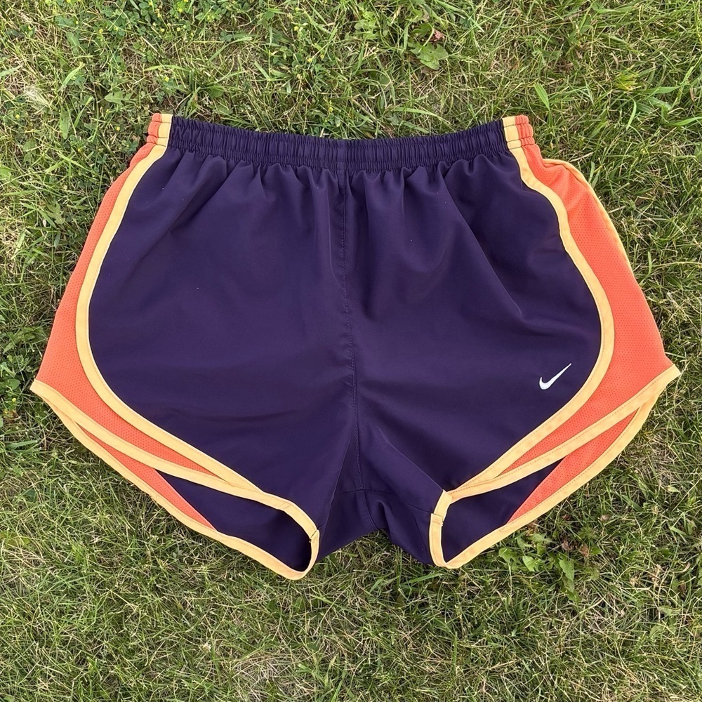 Nike Dri-Fit Athletic Shorts Womens Small Lined Purple Orange Tempo Running Logo - Picture 1 of 9